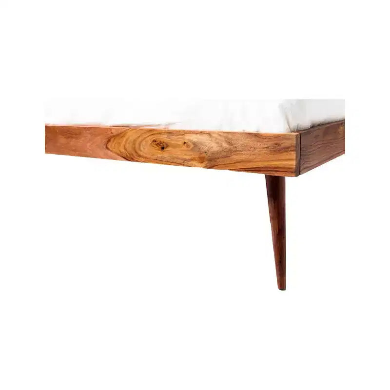 Queen Platform Bed in Brown, Mid-Century Style with Wood Headboard