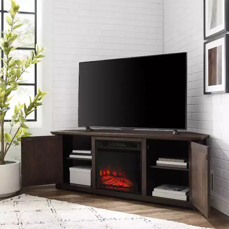 Meuble TV d'angle avec cheminée électrique, pour TV jusqu'à 60", finition grain de bois