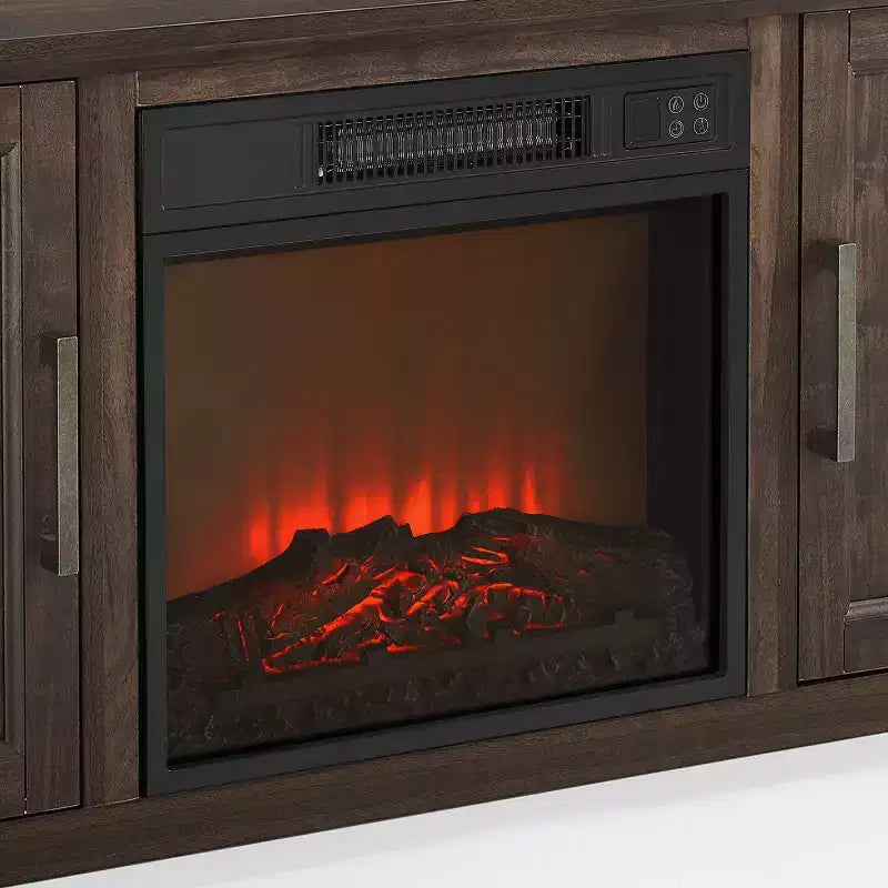 Meuble TV d'angle avec cheminée électrique, pour TV jusqu'à 60", finition grain de bois