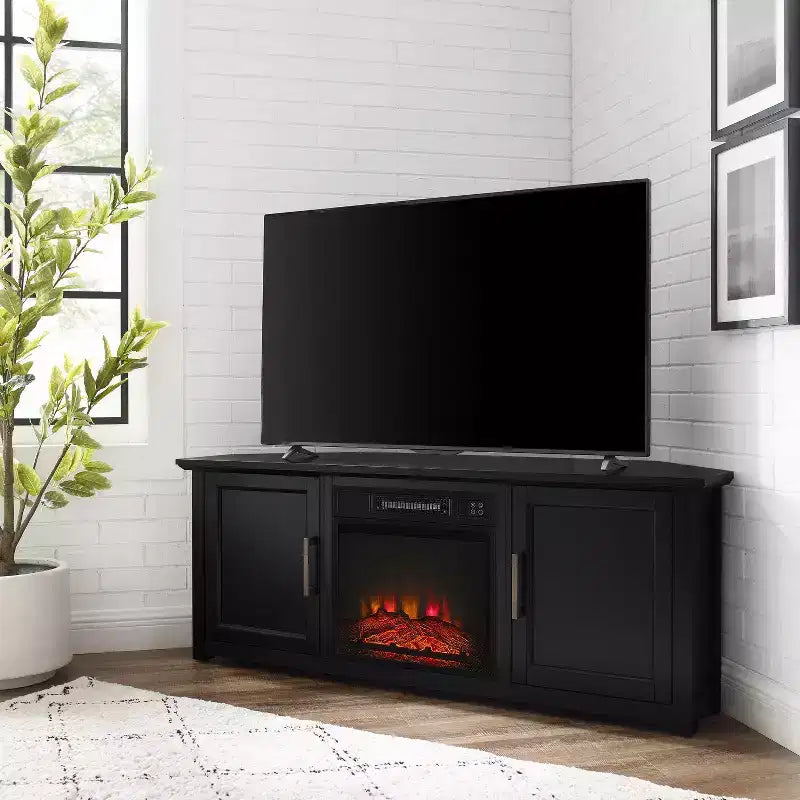 Meuble TV d'angle avec cheminée électrique, pour TV jusqu'à 60", finition grain de bois
