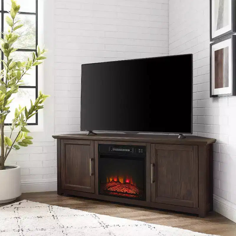 Meuble TV d'angle avec cheminée électrique, pour TV jusqu'à 60", finition grain de bois