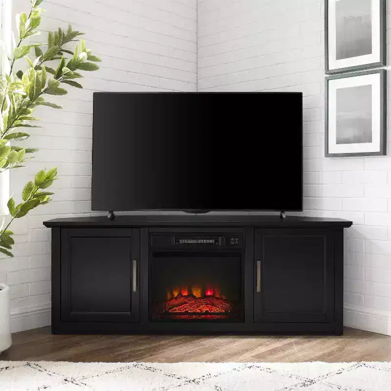 Meuble TV d'angle avec cheminée électrique, pour TV jusqu'à 60", finition grain de bois