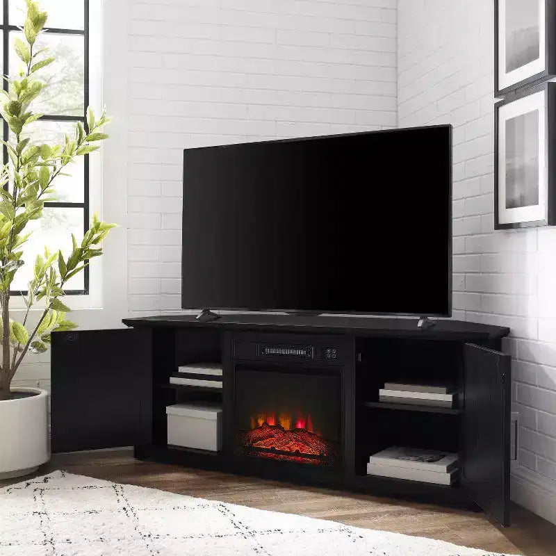Meuble TV d'angle avec cheminée électrique, pour TV jusqu'à 60", finition grain de bois