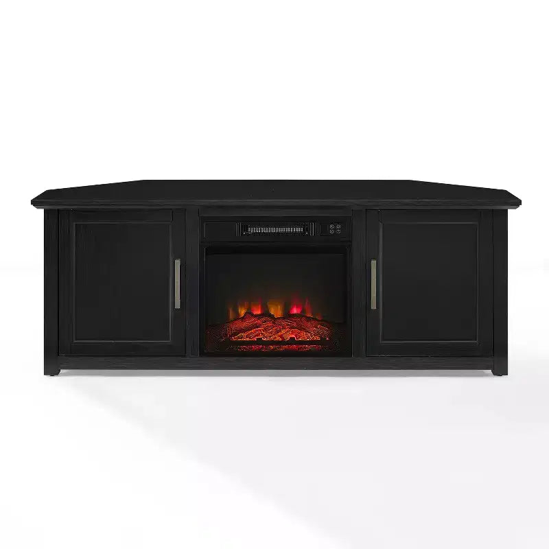 Meuble TV d'angle avec cheminée électrique, pour TV jusqu'à 60", finition grain de bois