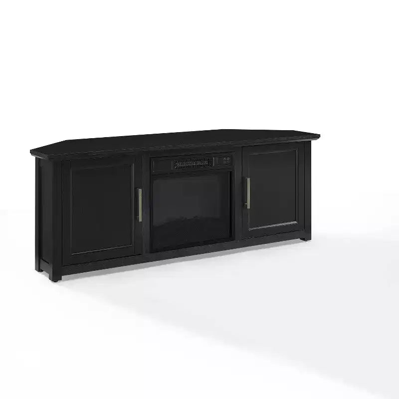 Meuble TV d'angle avec cheminée électrique, pour TV jusqu'à 60", finition grain de bois