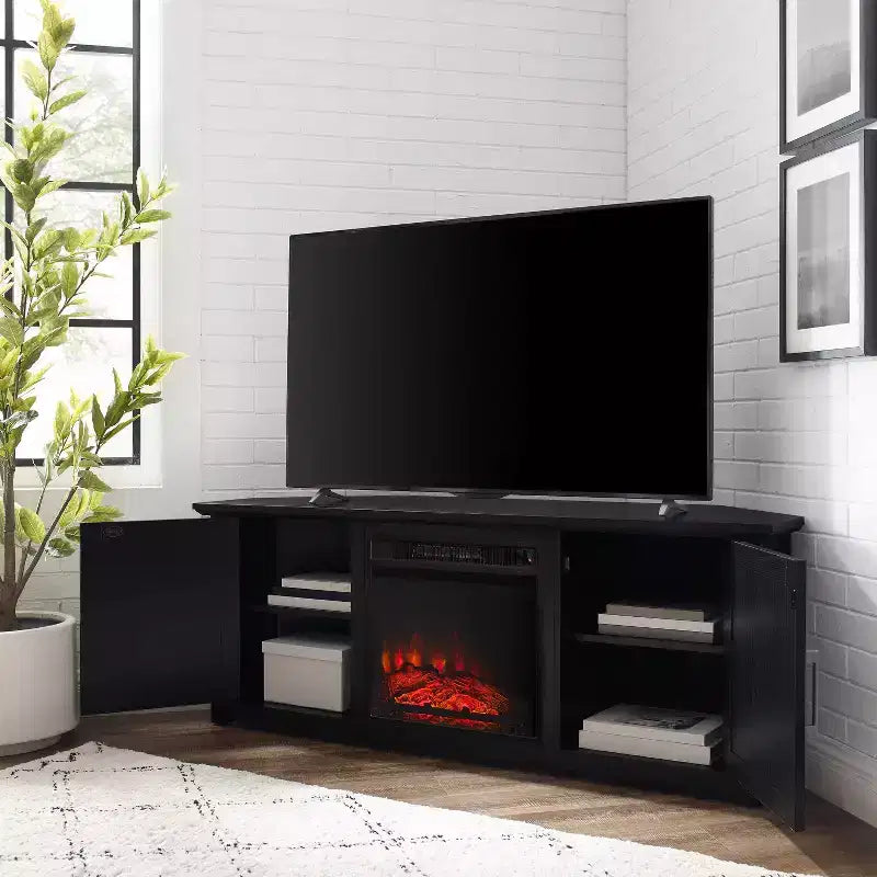 Meuble TV d'angle avec cheminée électrique, pour TV jusqu'à 60", finition grain de bois