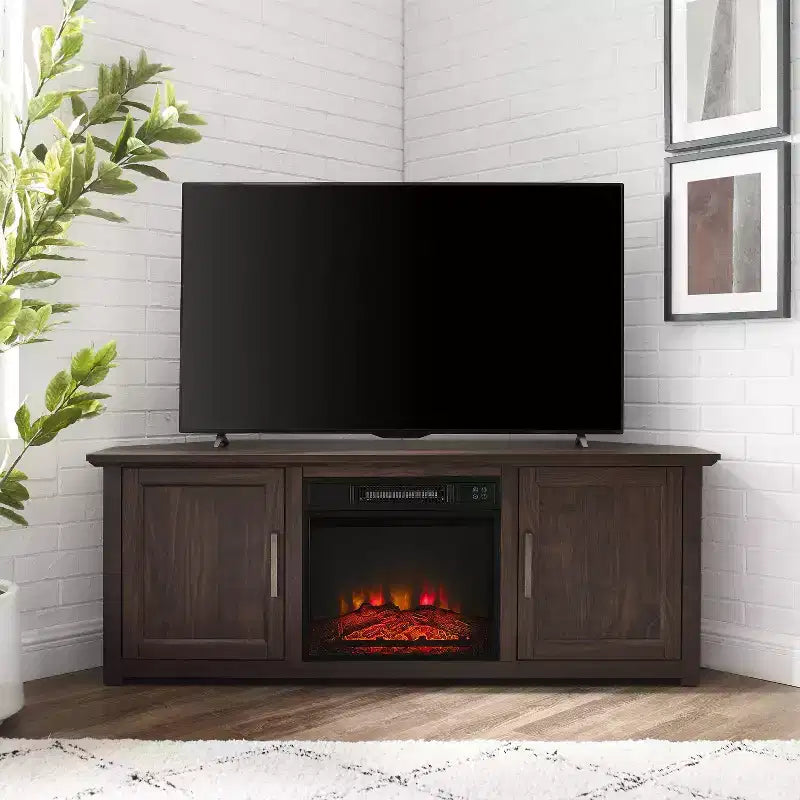 Meuble TV d'angle avec cheminée électrique, pour TV jusqu'à 60", finition grain de bois
