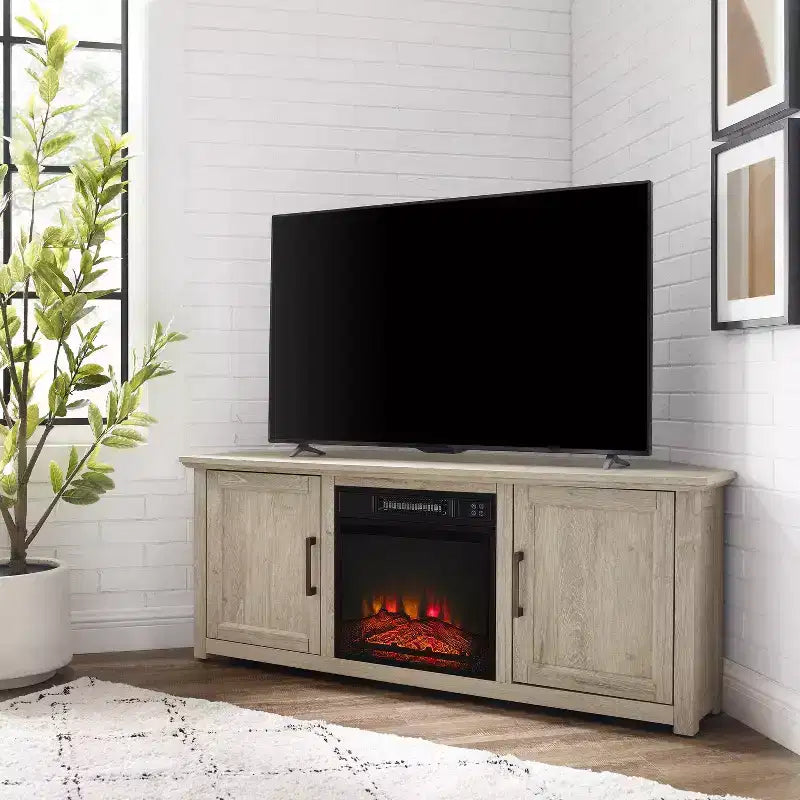 Meuble TV d'angle avec cheminée électrique, pour TV jusqu'à 60", finition grain de bois