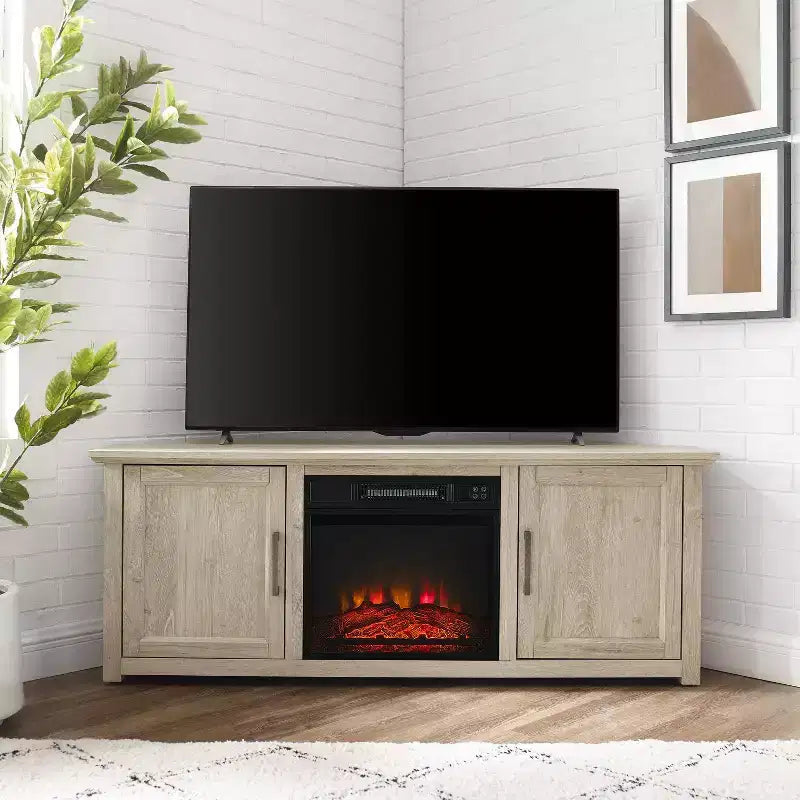 Meuble TV d'angle avec cheminée électrique, pour TV jusqu'à 60", finition grain de bois