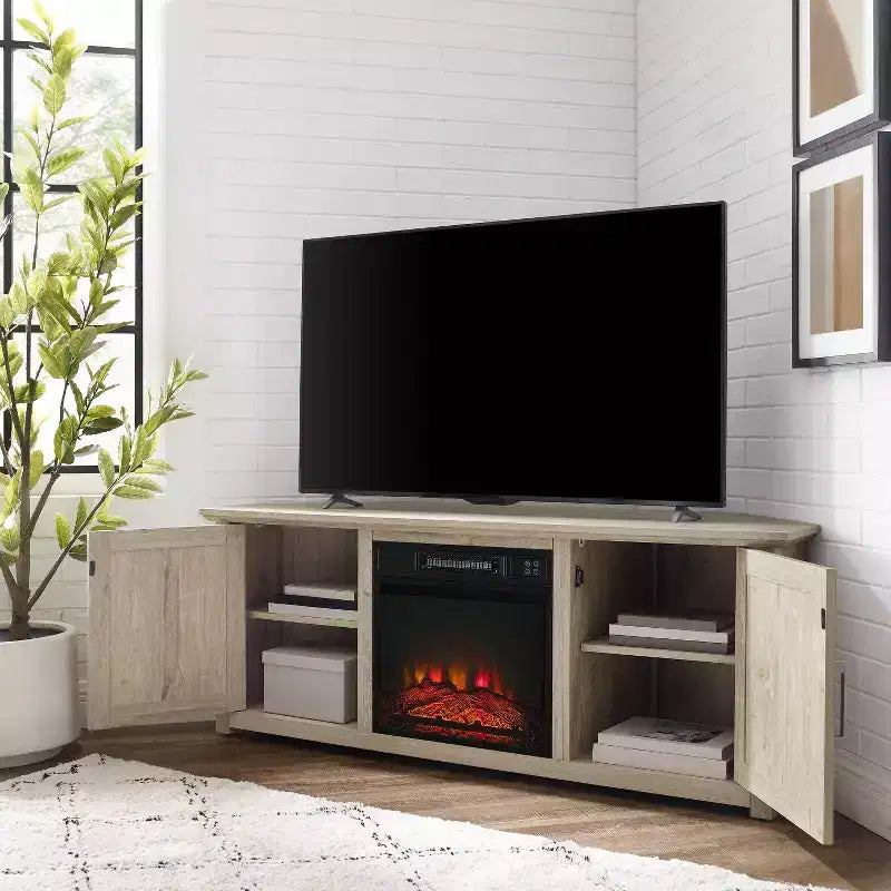 Meuble TV d'angle avec cheminée électrique, pour TV jusqu'à 60", finition grain de bois