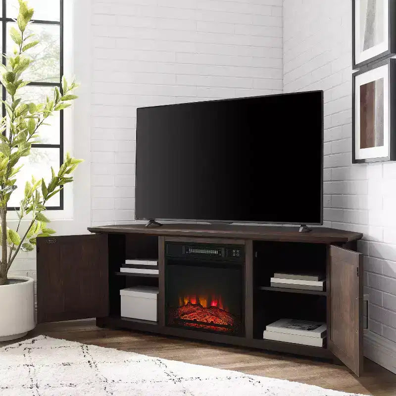 Meuble TV d'angle avec cheminée électrique, pour TV jusqu'à 60", finition grain de bois
