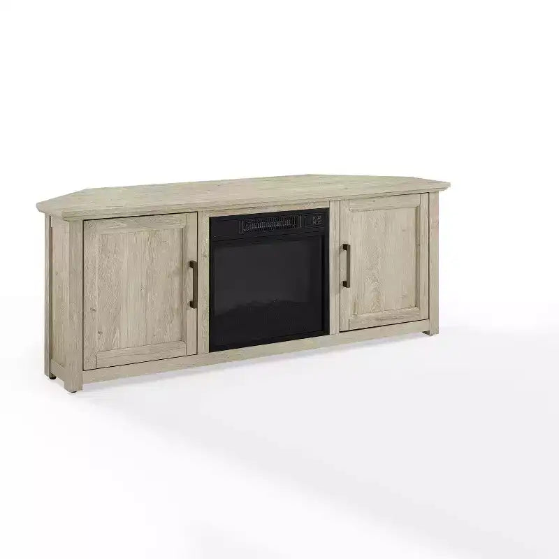 Meuble TV d'angle avec cheminée électrique, pour TV jusqu'à 60", finition grain de bois