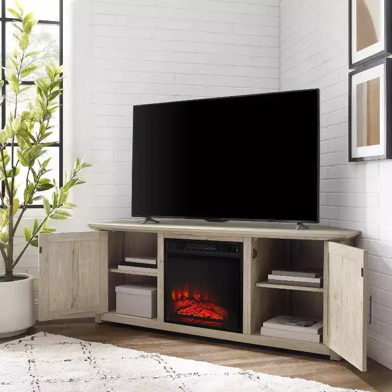 Meuble TV d'angle avec cheminée électrique, pour TV jusqu'à 60", finition grain de bois