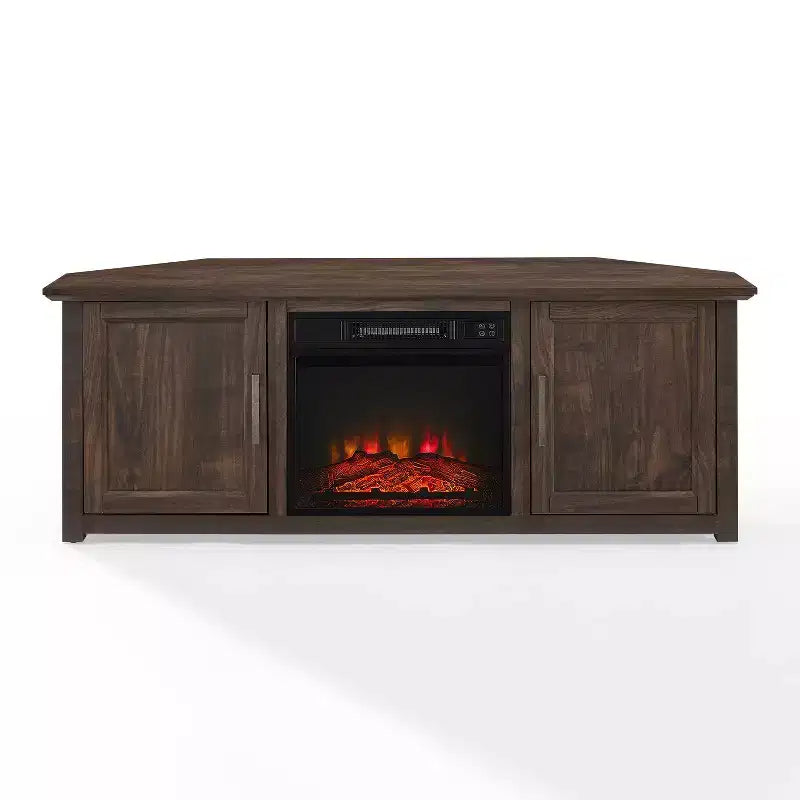 Meuble TV d'angle avec cheminée électrique, pour TV jusqu'à 60", finition grain de bois