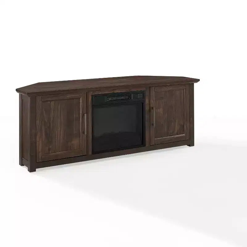 Meuble TV d'angle avec cheminée électrique, pour TV jusqu'à 60", finition grain de bois