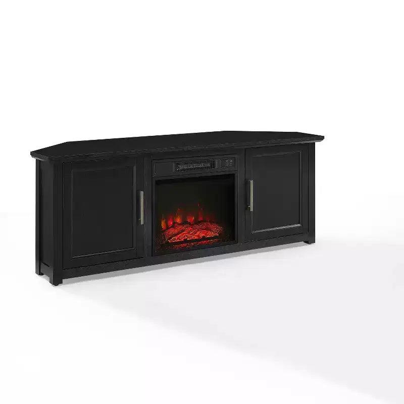 Meuble TV d'angle avec cheminée électrique, pour TV jusqu'à 60", finition grain de bois