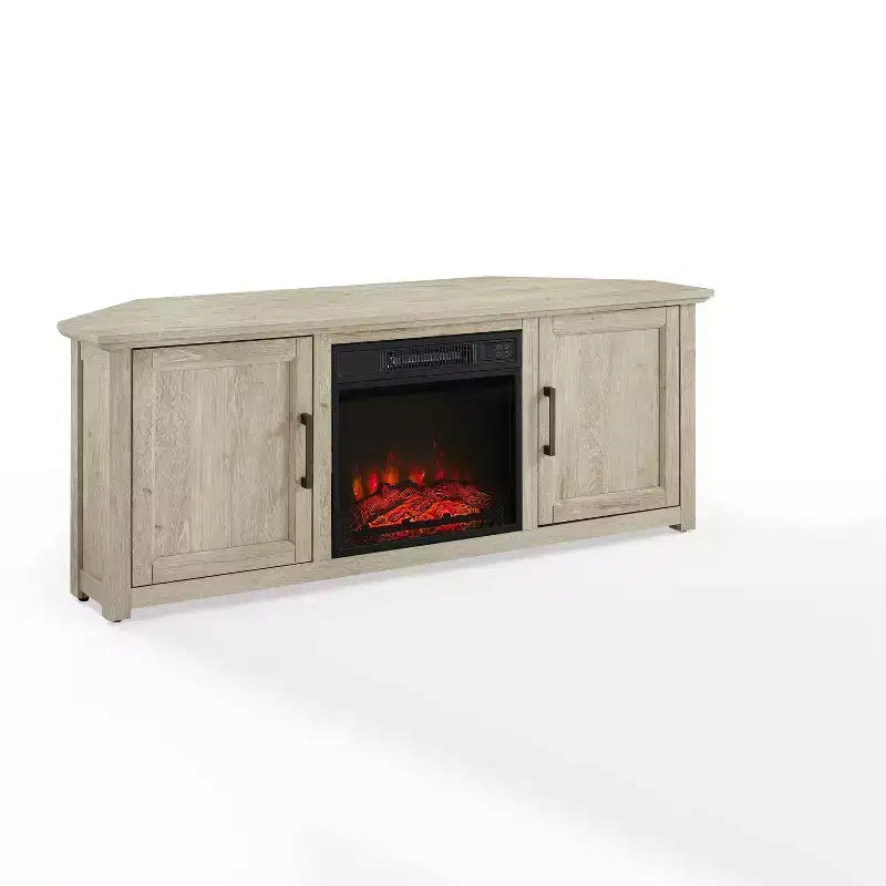 Meuble TV d'angle avec cheminée électrique, pour TV jusqu'à 60", finition grain de bois