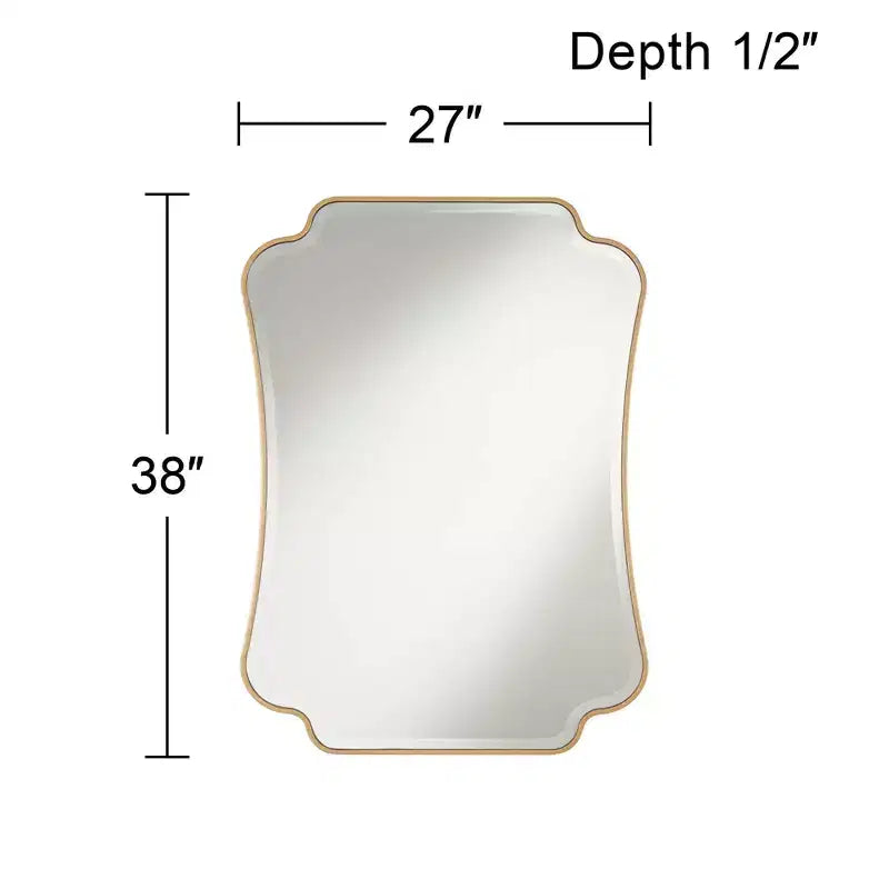 Miroir mural de courtoisie rectangulaire à coins festonnés, cadre en bois doré biseauté moderne, 27 po de large