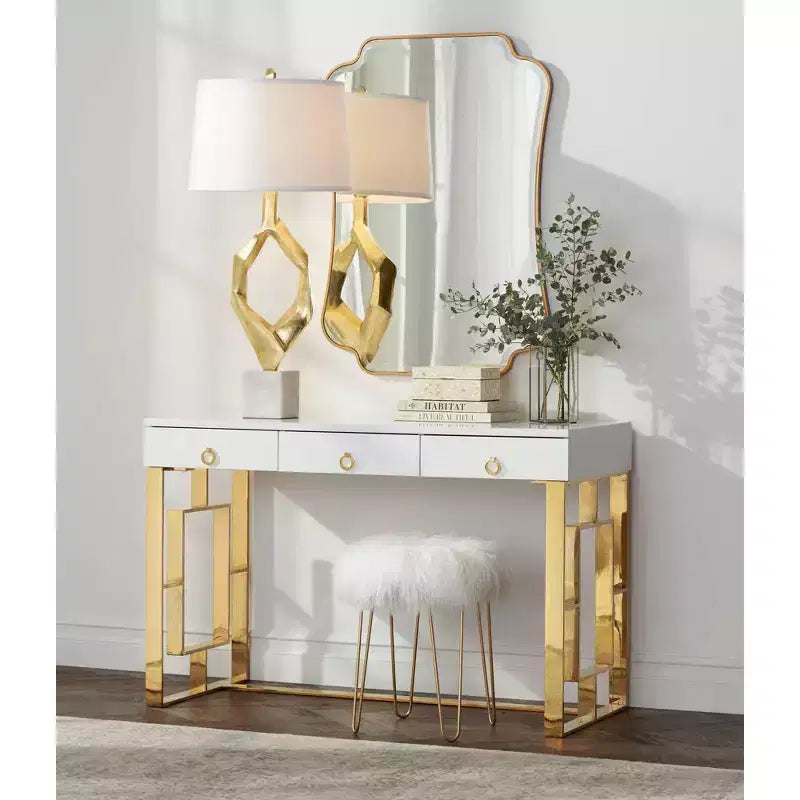 Miroir mural de courtoisie rectangulaire à coins festonnés, cadre en bois doré biseauté moderne, 27 po de large