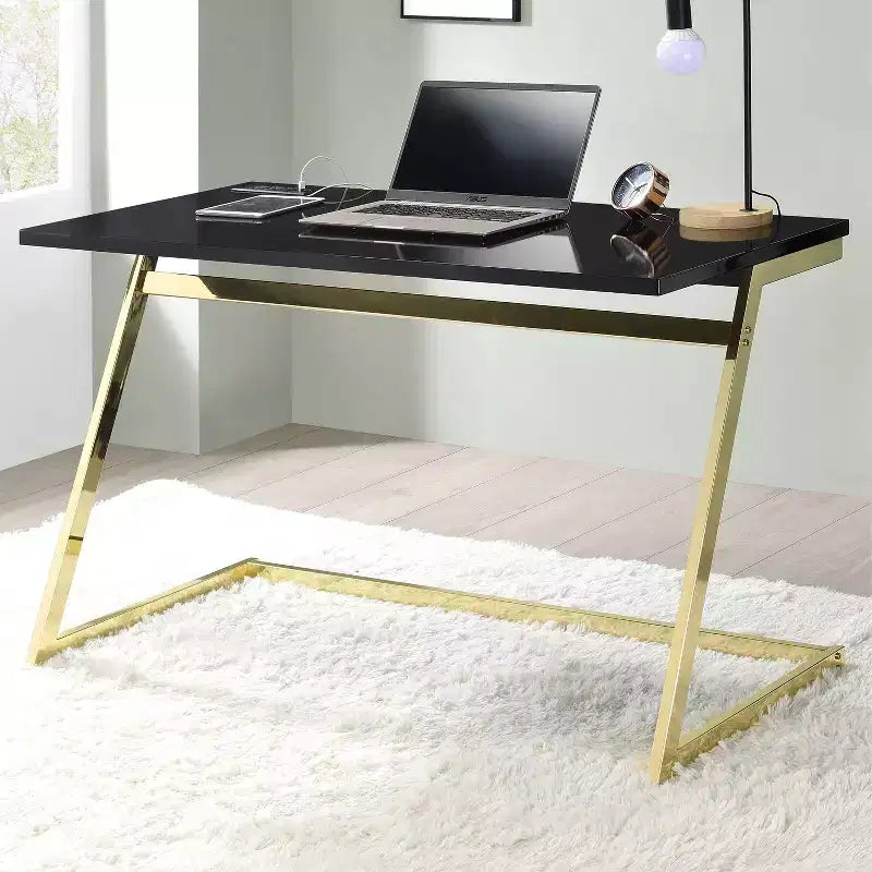 Writing Desk with USB Charging Port Brass Plated High-Gloss Steel Frame