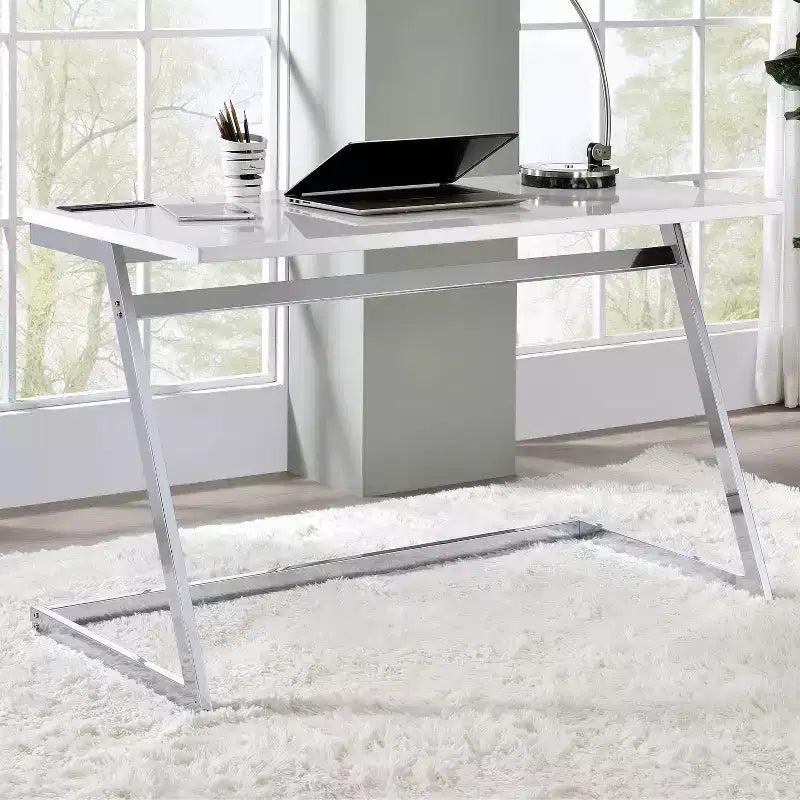 Writing Desk with USB Charging Port Brass Plated High-Gloss Steel Frame