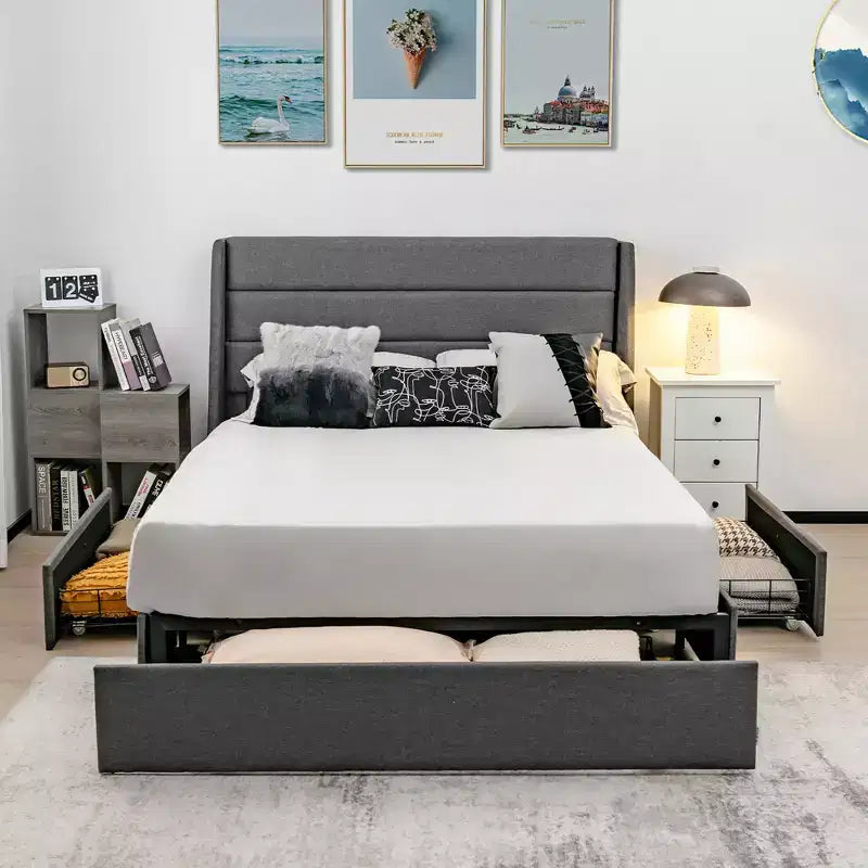 Platform Bed Frame with 3 Storage Drawers Upholstered Grey