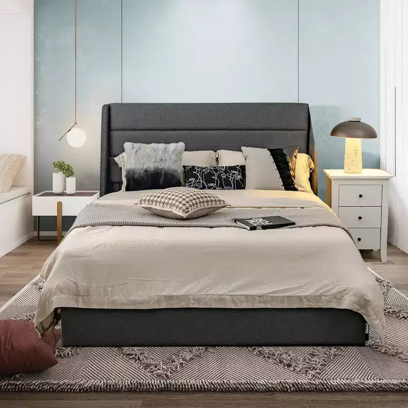 Platform Bed Frame with 3 Storage Drawers Upholstered Grey