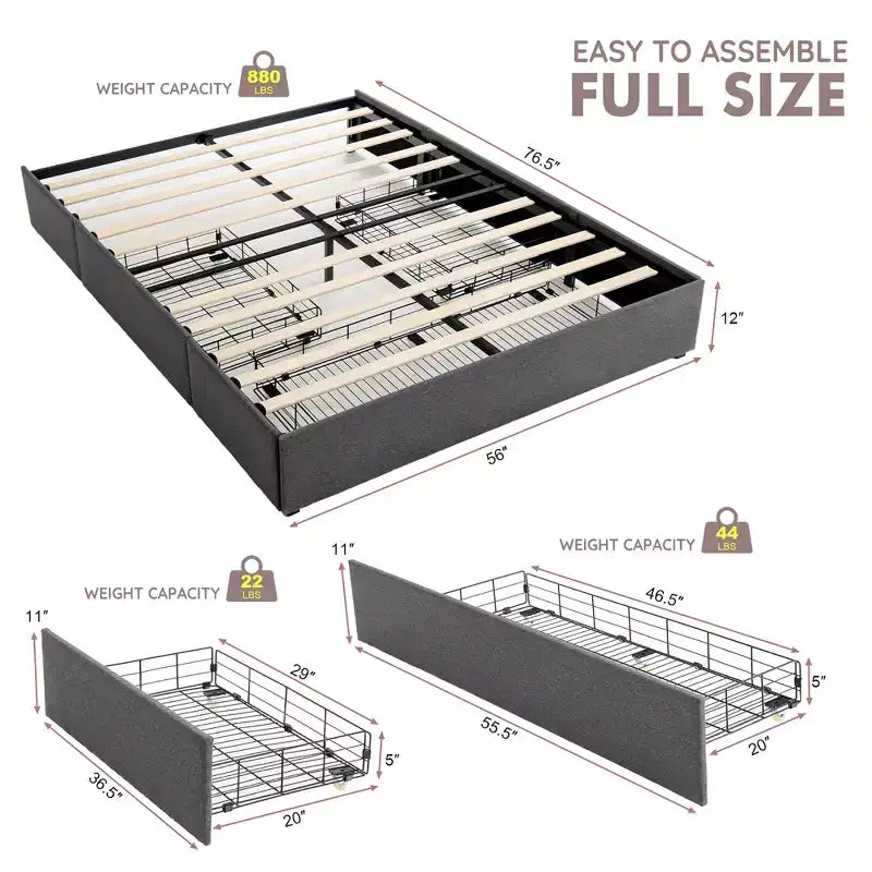 Platform Bed Frame with 3 Storage Drawers Upholstered Grey