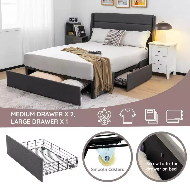 Platform Bed Frame with 3 Storage Drawers Upholstered Grey