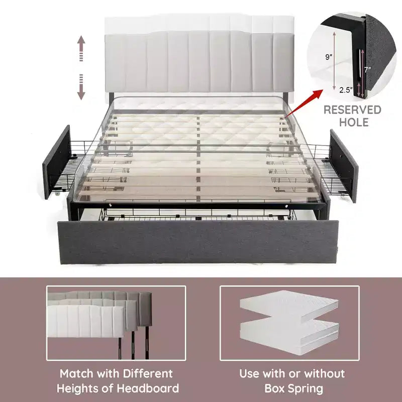 Platform Bed Frame with 3 Storage Drawers Upholstered Grey