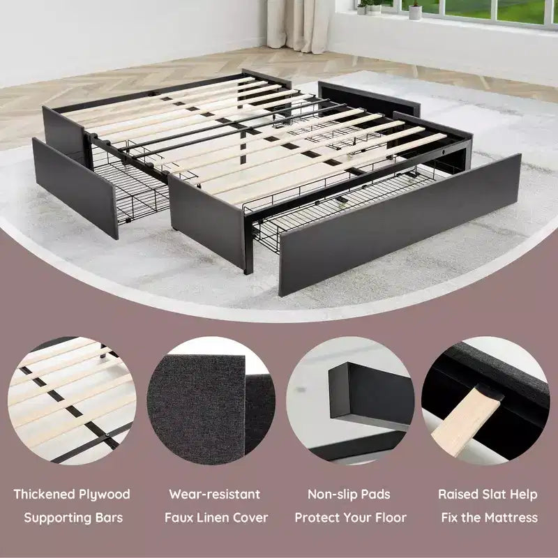 Platform Bed Frame with 3 Storage Drawers Upholstered Grey