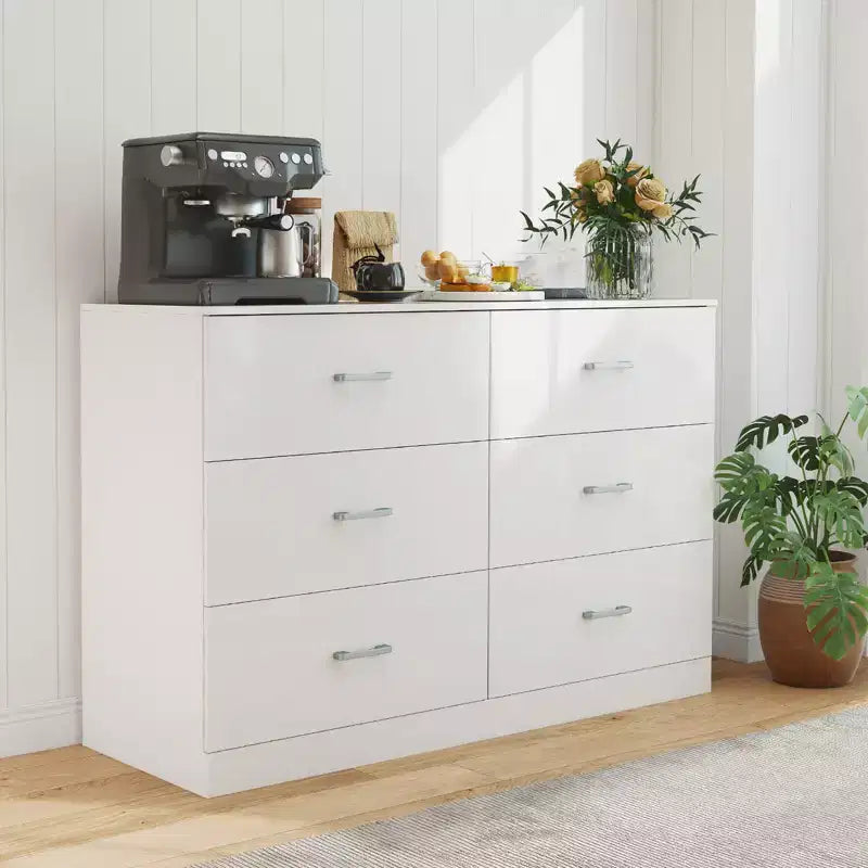 Commode blanche en bois à 6 tiroirs, meuble de rangement horizontal large pour chambre à coucher