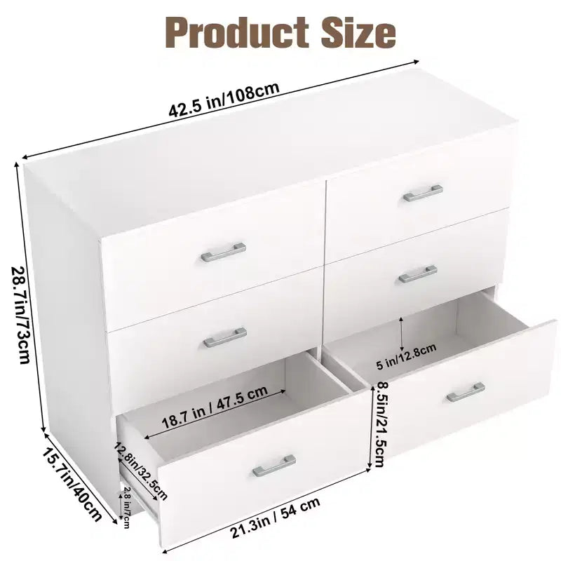 Commode blanche en bois à 6 tiroirs, meuble de rangement horizontal large pour chambre à coucher