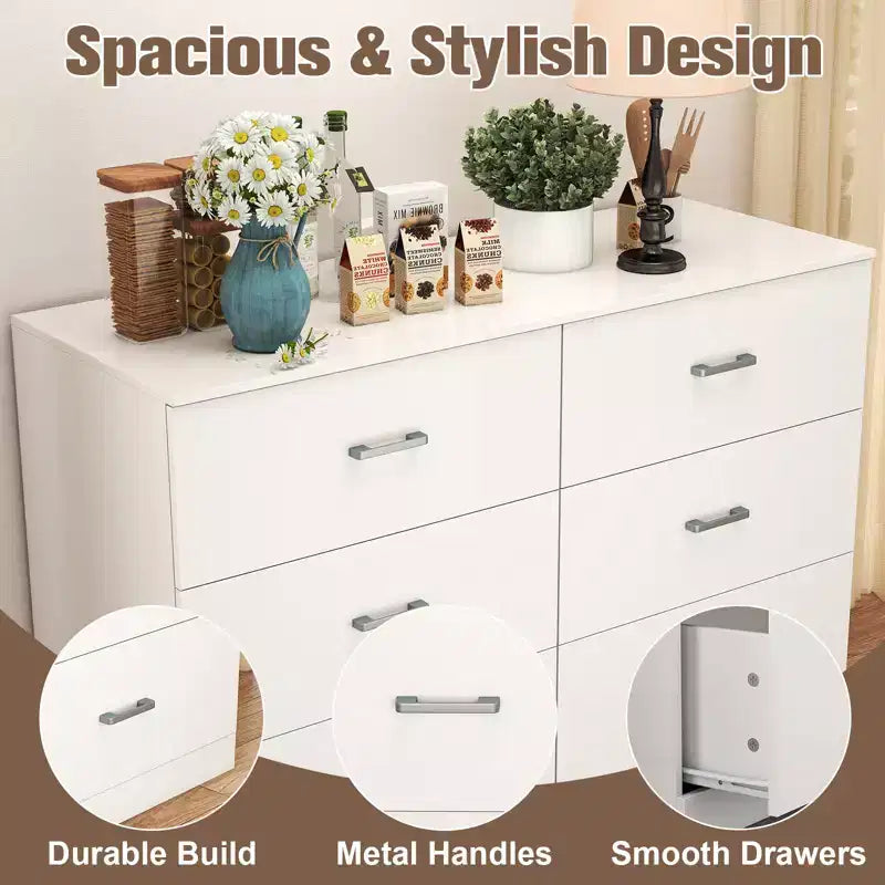 Commode blanche en bois à 6 tiroirs, meuble de rangement horizontal large pour chambre à coucher