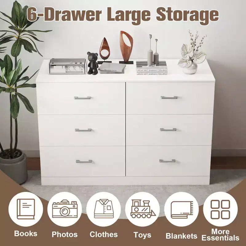 Commode blanche en bois à 6 tiroirs, meuble de rangement horizontal large pour chambre à coucher