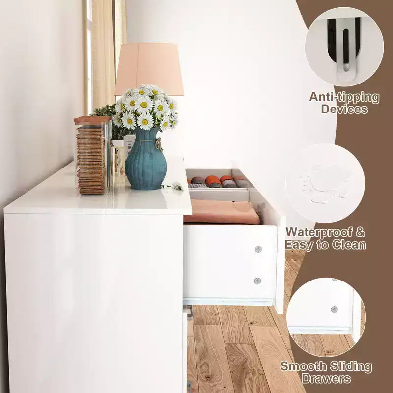 Commode blanche en bois à 6 tiroirs, meuble de rangement horizontal large pour chambre à coucher
