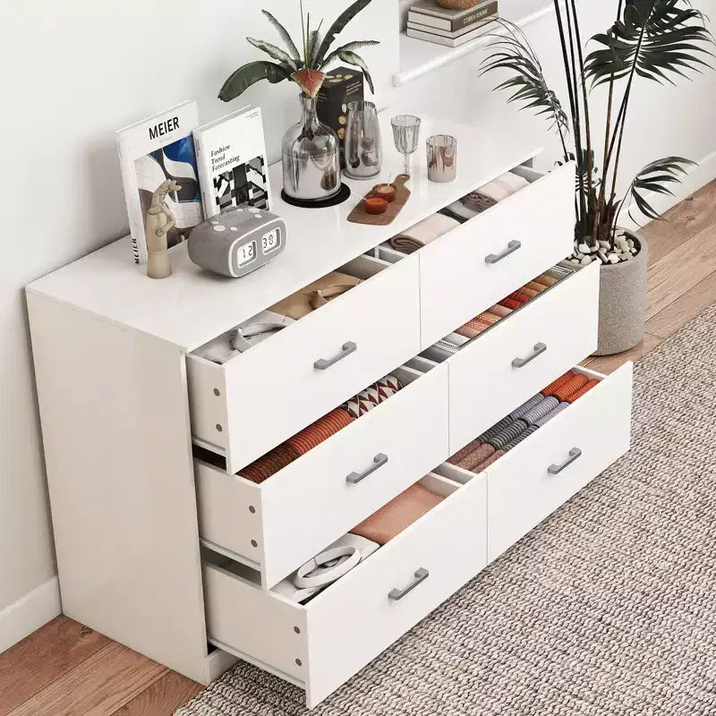 Commode blanche en bois à 6 tiroirs, meuble de rangement horizontal large pour chambre à coucher