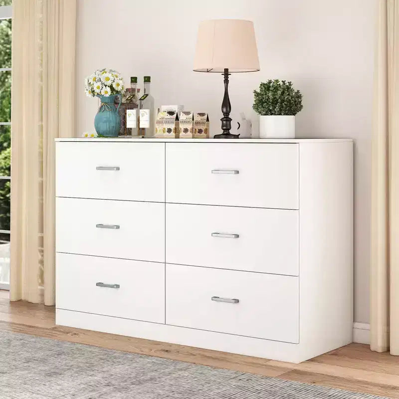 Commode blanche en bois à 6 tiroirs, meuble de rangement horizontal large pour chambre à coucher