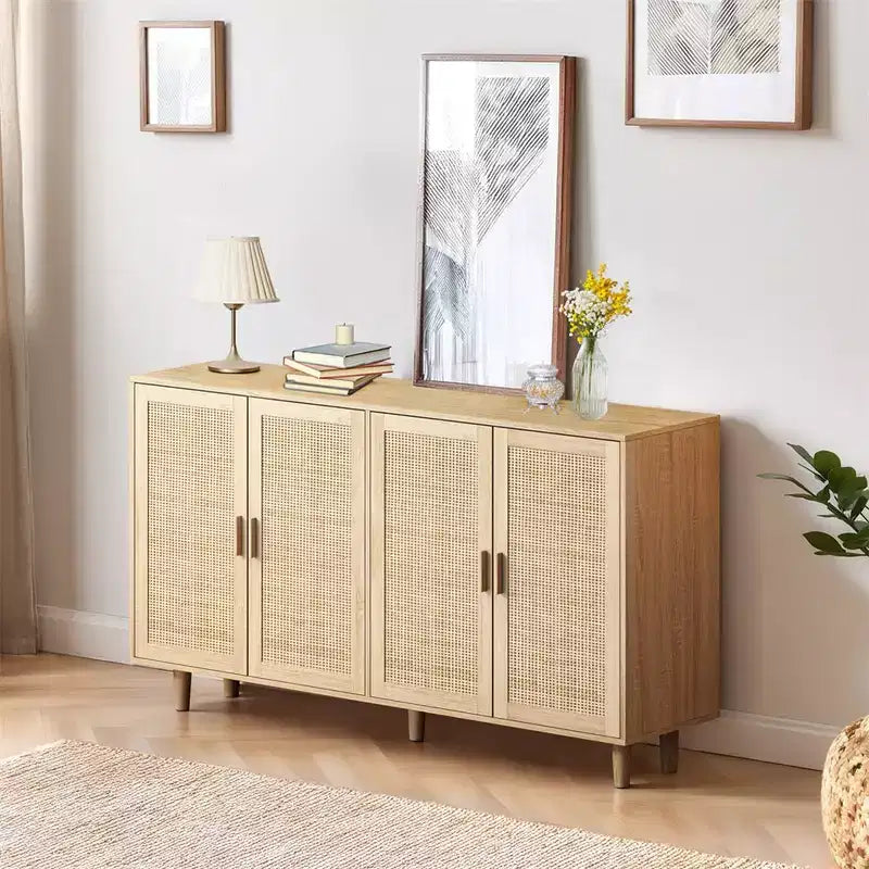 Buffet Bahut de Rangement Décoratif en Rotin Noir à 4 Portes de 157,5 cm