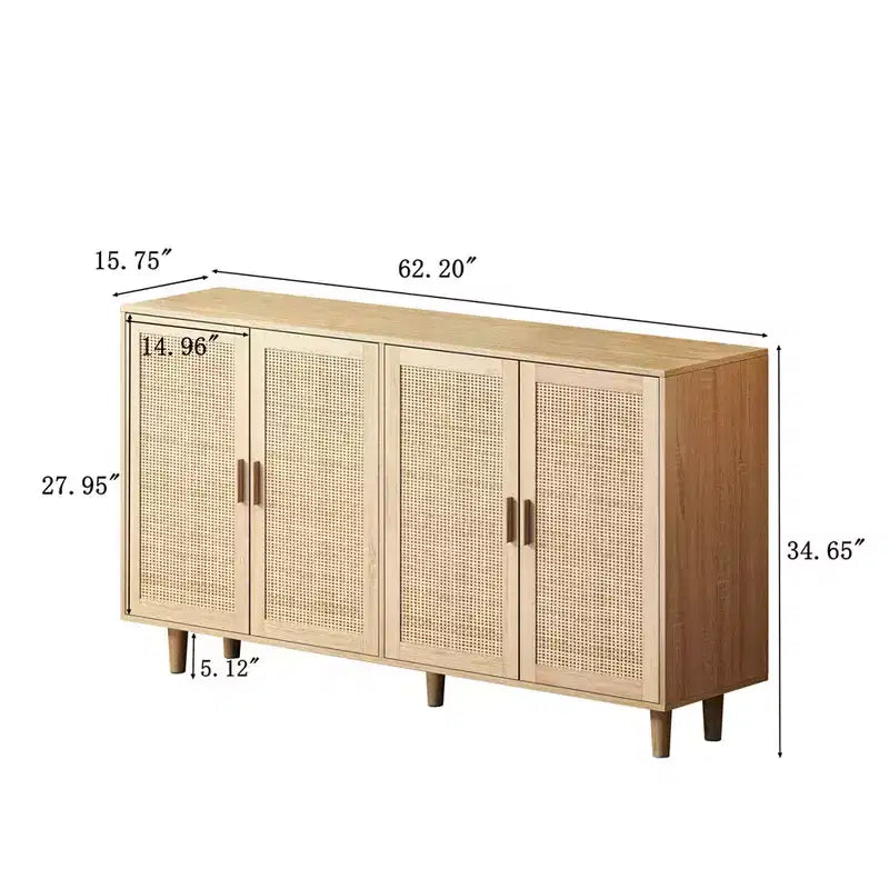 Buffet Bahut de Rangement Décoratif en Rotin Noir à 4 Portes de 157,5 cm